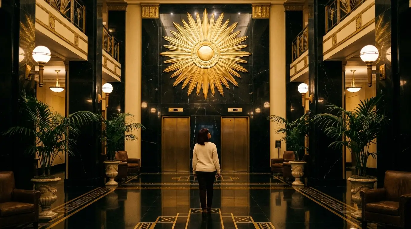 The Meridian's lobby: an eleven-foot gilded sunburst medallion above the elevator bank, black-marble colonnade lit by opaline globe sconces, and a guest in a cream sweater crossing the inlaid floor.