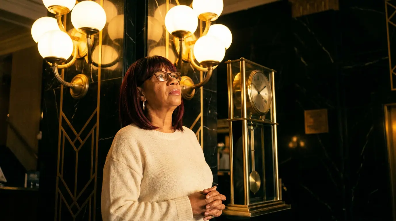 A guest in a cream sweater pausing beneath the lobby sconces, looking up into the warm light.